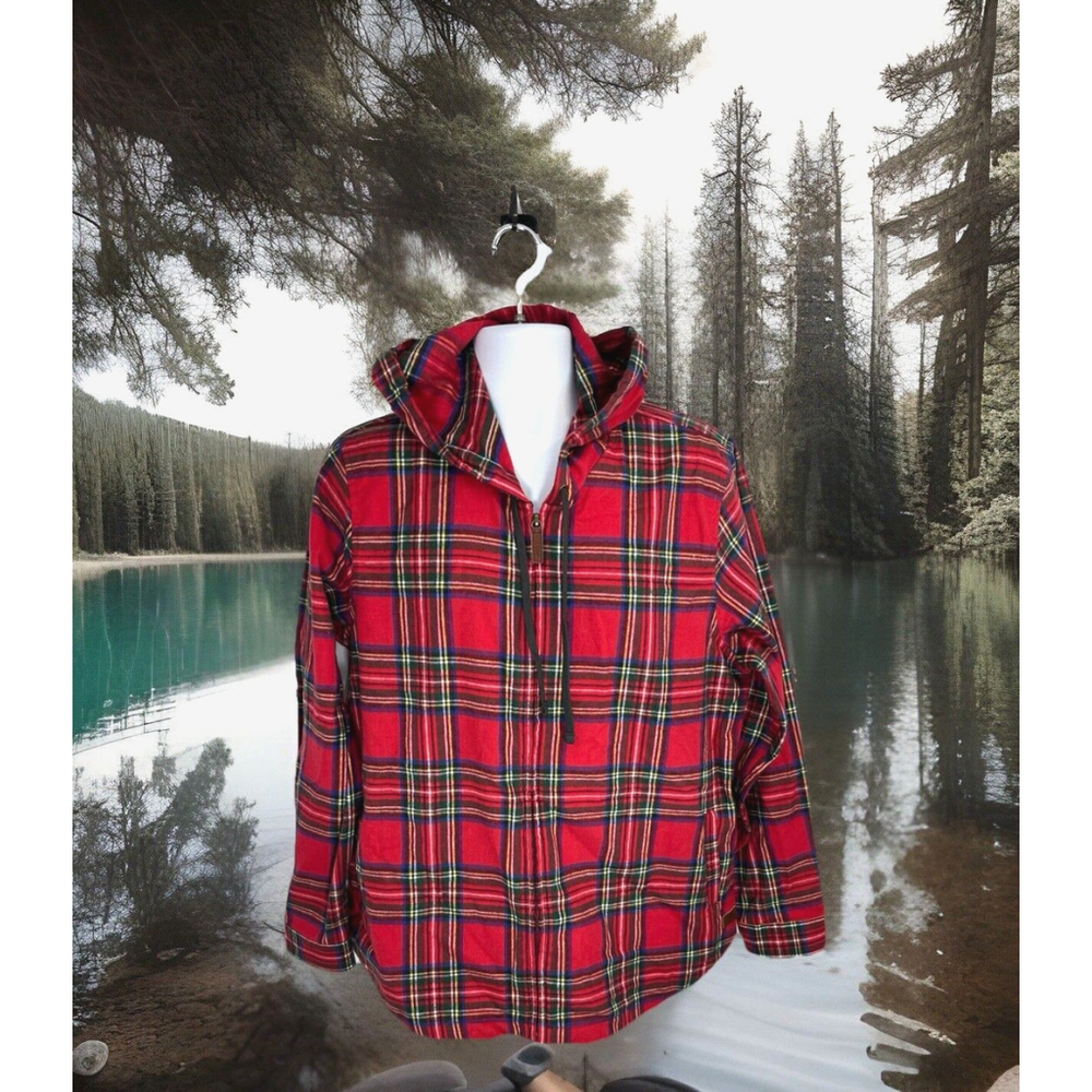L.L. Bean Red Scotch Plaid Flannel Hoodie Top Size XL Zip‎ 100% Cotton Womens